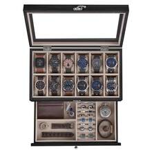 SONGMICS Caja de Relojes con 12 Ranuras, Estuche de Relojes de Madera de 2 Niveles con Tapa de Cristal, Almohadillas, Forro de Terciopelo, Regalo de Seres Queridos, Negro Ébano - Negro - Ver 9