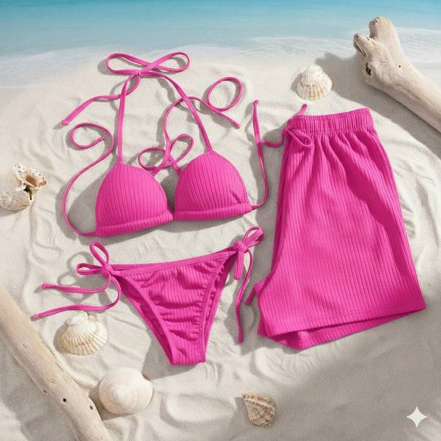 3-Piece Ribbed Beachwear Set: Complete Bikini (Top/Bottom) + Loose Shorts | Beach Cover-Up - Hồng - Xem 1