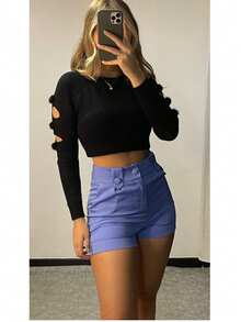 Elegant Women's High-Waisted Dress Shorts With Pockets And Three Buttons - Blue - View 4