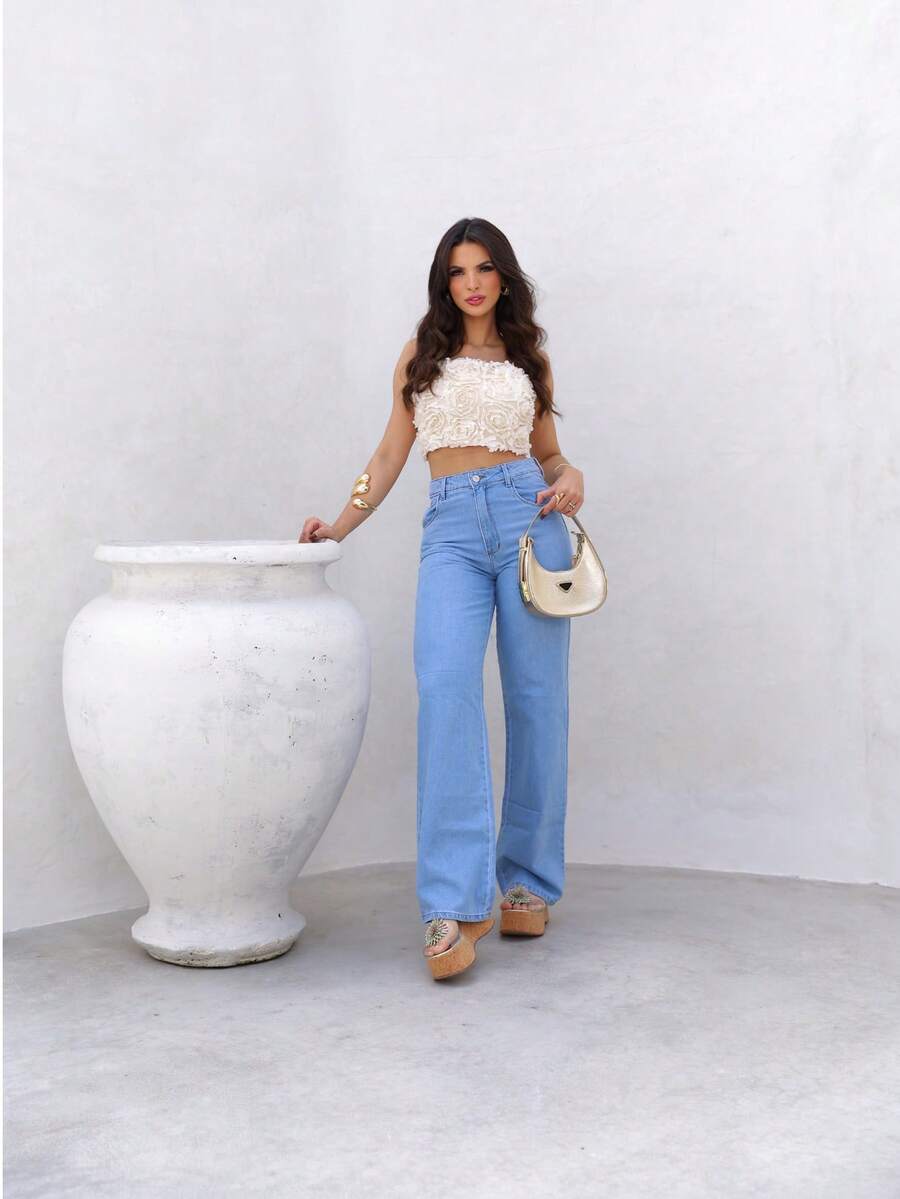 Women's Wide Leg Jeans, Casual Style. - Rửa nhẹ - Xem 1