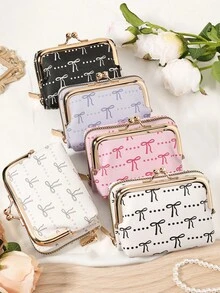 Modische und hochwertige Kreditkartentasche mit Schleifen-Muster, einfach und lässig mit mehreren Kartenfächern, modischer Reißverschluss-Münzbeutel, Schul- und Studentenwohnheim-Zubehör, abnehmbar und vielseitig, großes Fassungsvermögen Damen-Geldbörse, Handtasche, Aufbewahrungstasche