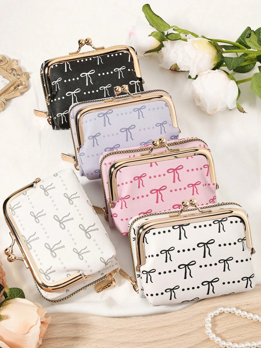 Modische und hochwertige Kreditkartentasche mit Schleifen-Muster, einfach und lässig mit mehreren Kartenfächern, modischer Reißverschluss-Münzbeutel, Schul- und Studentenwohnheim-Zubehör, abnehmbar und vielseitig, großes Fassungsvermögen Damen-Geldbörse, Handtasche, Aufbewahrungstasche