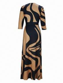 Đầm dài tay cổ chữ V thắt eo dáng suông dành cho nữ năm 2026, kiểu dáng thanh lịch mùa xuân/hè. - Cà phê nâu - Xem 4