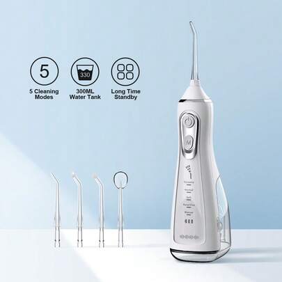 Irrigador Oral Portátil, Modo de Limpeza DIY, Recarregável por USB, À Prova d'Água, Fio Dental, 5 Modos de Limpeza, 4 Bicos