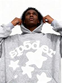 Y2K Black Essentials Hoodie Spider Web Fashion Printed Star Hoodie Hip Hop Aesthetic Graphic Hoodies Gothic Emo Junk Punk Hoodie - Xám - Xem 3