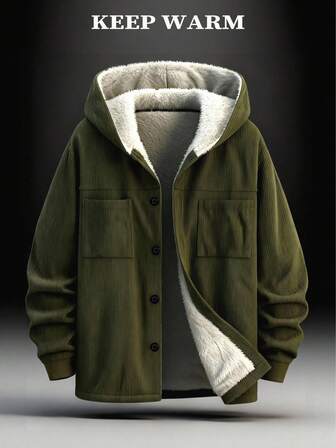Men's Corduroy Hooded Jacket With Dual Pockets, Full Zip, Contrast Button Design, Warm Single-Faced Thermal Lined, Suitable For Daily Commute, Casual, Outdoor Walking In Autumn/Winter