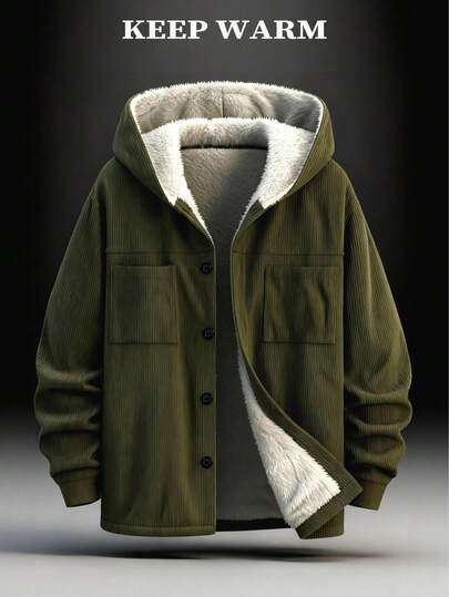 Chaqueta con capucha de pana para hombres con bolsillos dobles, cremallera completa, diseño de botones de contraste, forro térmico de una sola cara, adecuada para el trayecto diario, uso casual y caminatas al aire libre en otoño/invierno