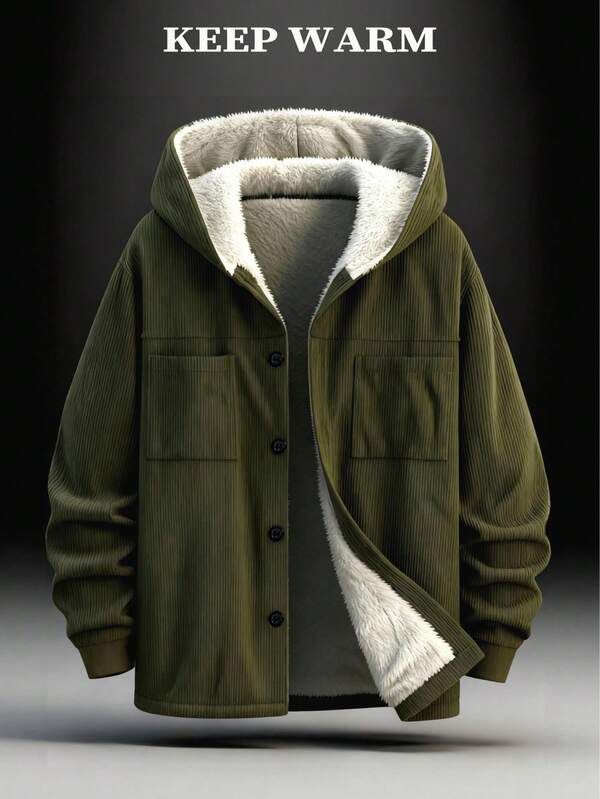 Men's Corduroy Hooded Jacket With Dual Pockets, Full Zip, Contrast Button Design, Warm Single-Faced Fleece Lining, Suitable For Daily Commute, Casual, Outdoor Walking In Autumn/Winter