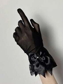 1 Pair Vintage Lace Trim Bow Decor Short Veil Bridal Gloves, Black, For Wedding Dress, Photography Valentine's Day Accessories - Multicolor - View 5