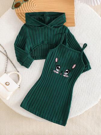 2pcs Baby Girls Spring/Autumn Outfit Set, Long Sleeve Hoodie Top Paired With Cute Cat Graphic Minimalist Dress, Fashion Suit