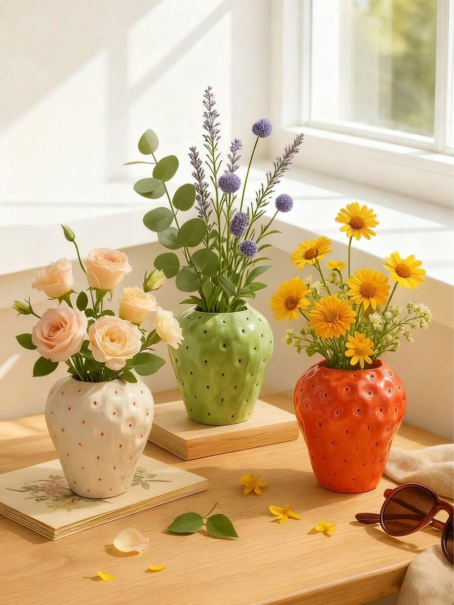 إناء فخم بتصميم فراولة، ديكور لغرفة المعيشة والنوم والمكتب مع نباتات خضراء، يمكن استخدامه أيضًا كوعاء تخزين، هدية عيد الحب أنيقة