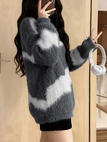 Women's Loose Drop Shoulder Random Pattern Fluffy Knit Sweater, Autumn/Winter