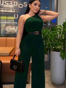 Elegante mono rojo asimétrico de cuello largo y pierna ancha para mujer para fiesta con detalle de cremallera - Verde militar - Ver 2