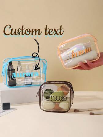 Custom Name Transparent Makeup Bag Waterproof Fashion Cosmetic Organizer Personalized Name Transparent Makeup Bag Waterproof Zipper Cosmetic Pouch