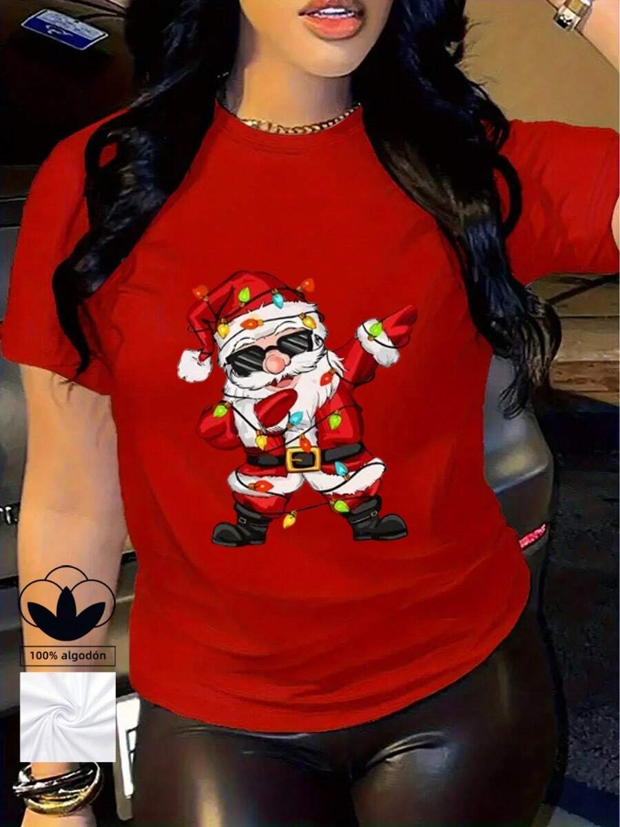 Camiseta casual de mujer, 100% algodón, con estampado gráfico de temática navideña, camiseta de manga corta con cuello redondo casual y cómoda, ropa de primavera y verano, adecuada para cualquier ocasión, color sólido, casual, uso diario. - Rojo - Ver 1
