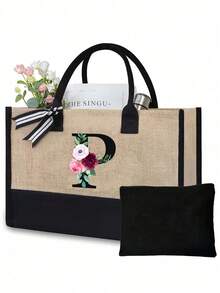 Juego de bolsas de lona con iniciales florales negras de la A a la Z, incluye bolsa de almacenamiento de maquillaje, bolsa de regalo personalizada, adecuada para boda, cumpleaños, playa, vacaciones, escuela, es un gran regalo para mujeres, mamá, maestros, amigos, damas de honor, estudiantes, bolsa grande, artículos de primera necesidad, regalos perfectos para vacaciones, cumpleaños, Acción de Gracias, Pascua, Navidad