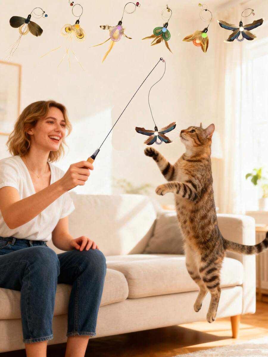 猫玩具，互动羽毛逗猫棒，逼真昆虫造型，激发猫咪本能，幼猫追逐玩具套装，带铃铛和珠子，鼓励运动和玩耍，送给猫咪的趣味礼物 - 彩色 - 查看 1