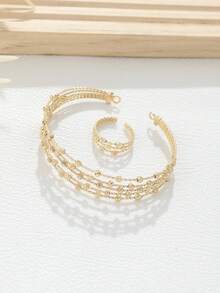 2 Unids/set Anillo Y Brazalete Con Cuentas De Metal De Cobre Elástico De Moda, Bohemio Y Estilo - Amarillo Oro - Ver 13