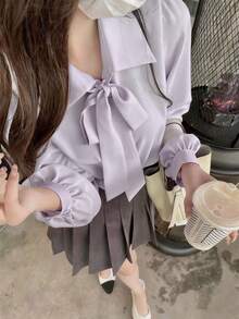 纯色系带领休闲长袖衬衫上衣 - 紫色 - 查看 1