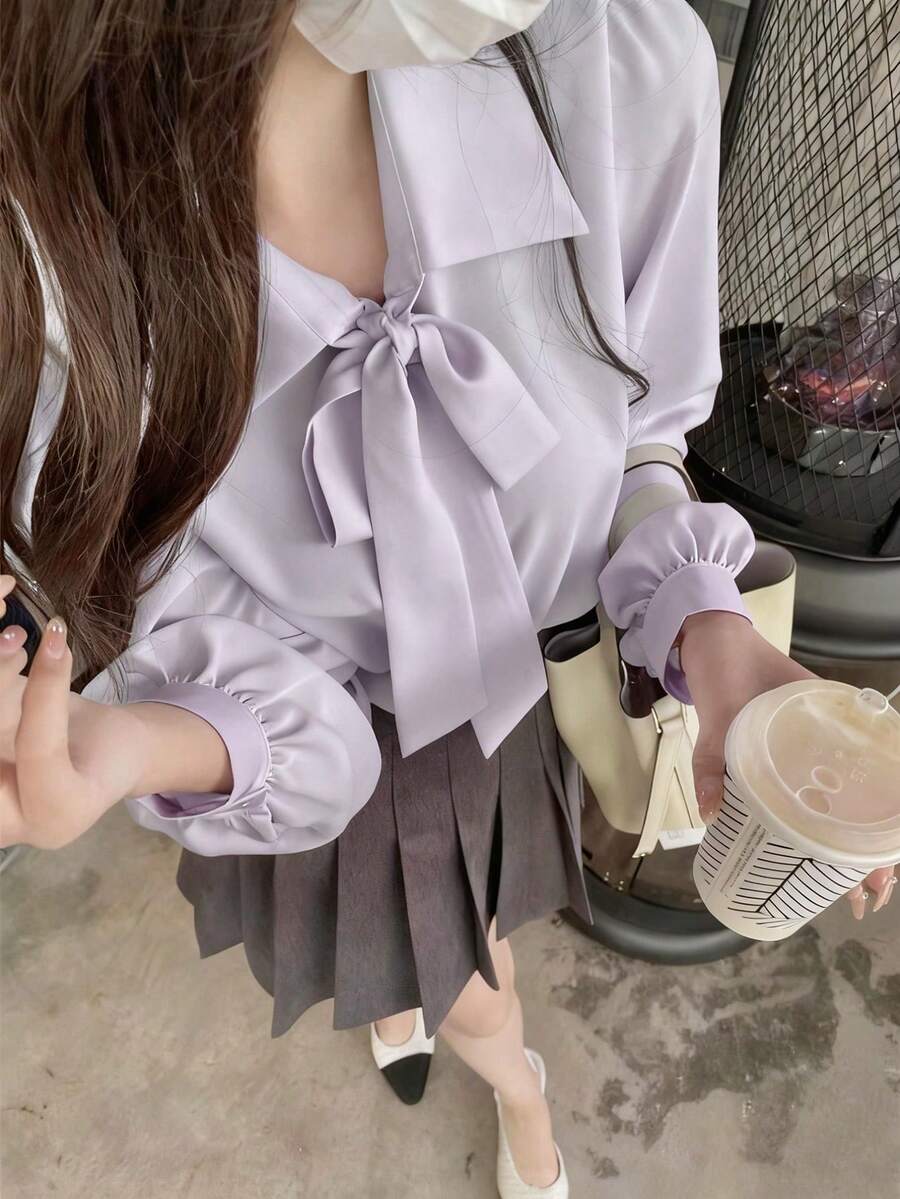 纯色系带领休闲长袖衬衫上衣 - 紫色 - 查看 1