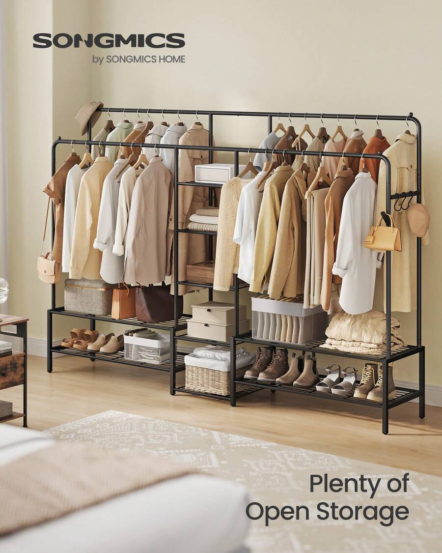 Clothes Rack, Metal Open Waedrobe, Coat Rack With 9 Shelves, Hanging Rods, Hooks, Black - Black - View 1