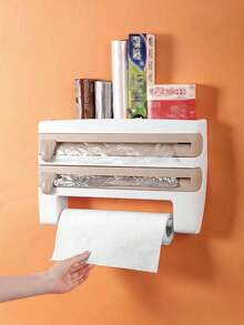 1 pieza Dispensador de envoltura de alimentos de cocina con cortador, organizador de pared montado para papel de aluminio, toallas de papel y pañuelos - Multicolor - Ver 3