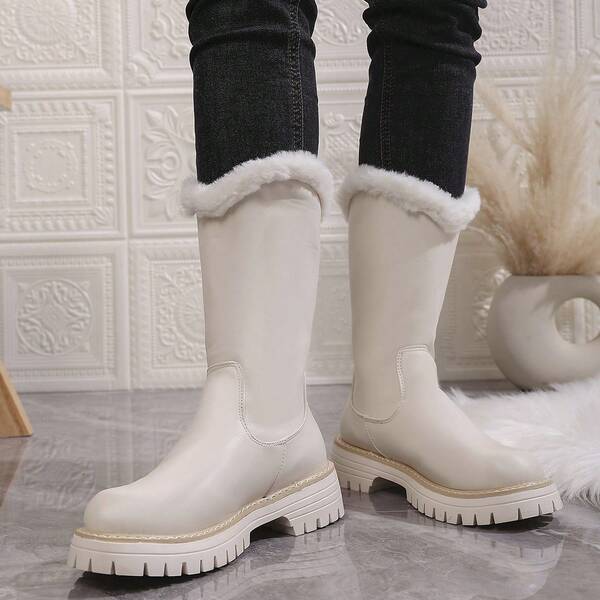 Mid-Calf Faux Fur Lined Solid Color Western Style Mid-Calf Boots For Women, Suitable For Home, Holidays, Winter