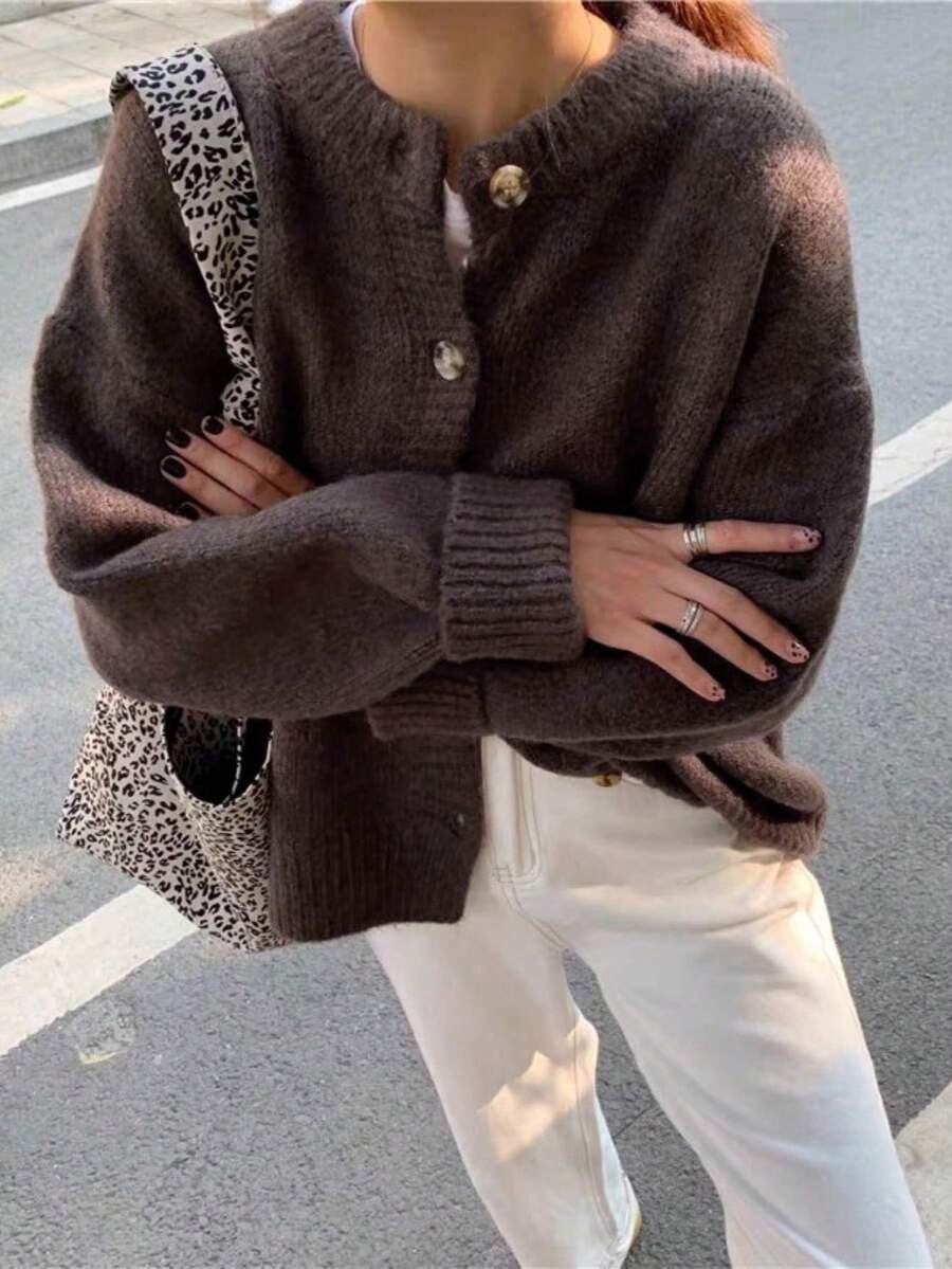 Plus Size Brown Round Neck Drop Shoulder Long Sleeve Button Front Knit Cardigan, Warm & Comfortable Knitted Blend Sweater For Autumn/Winter - Brown - View 1