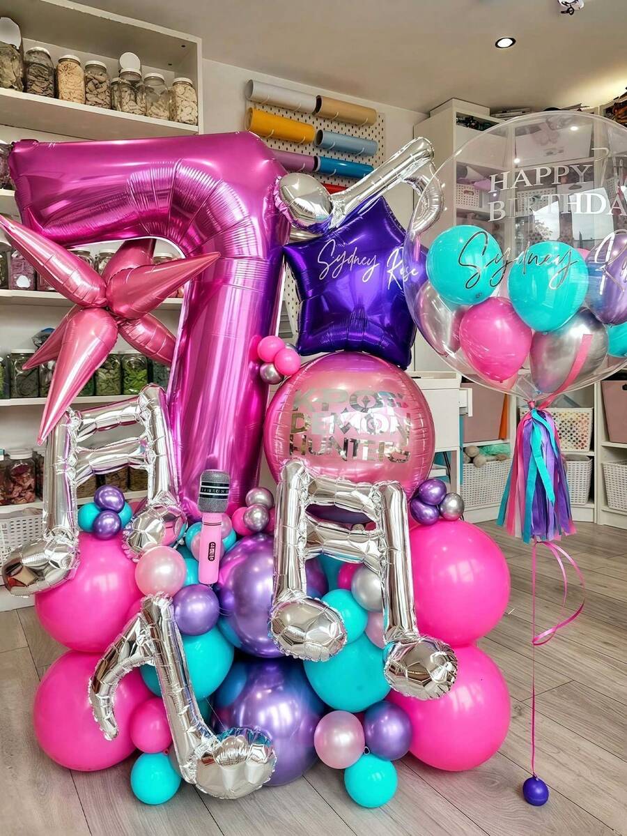 Bộ 58 bóng bay chủ đề âm nhạc, bao gồm bóng bay cỡ lớn màu hồng cánh sen "0-9", bóng bay tròn, bóng bay lá kim loại hình ngôi sao, thích hợp để trang trí tiệc sinh nhật, trang trí sinh nhật, tiệc cho bé gái, tiệc chủ đề âm nhạc, trang trí tiệc cho bé gái, trang trí phòng họp mặt tại nhà - Màu Hồng Tươi - Xem 1