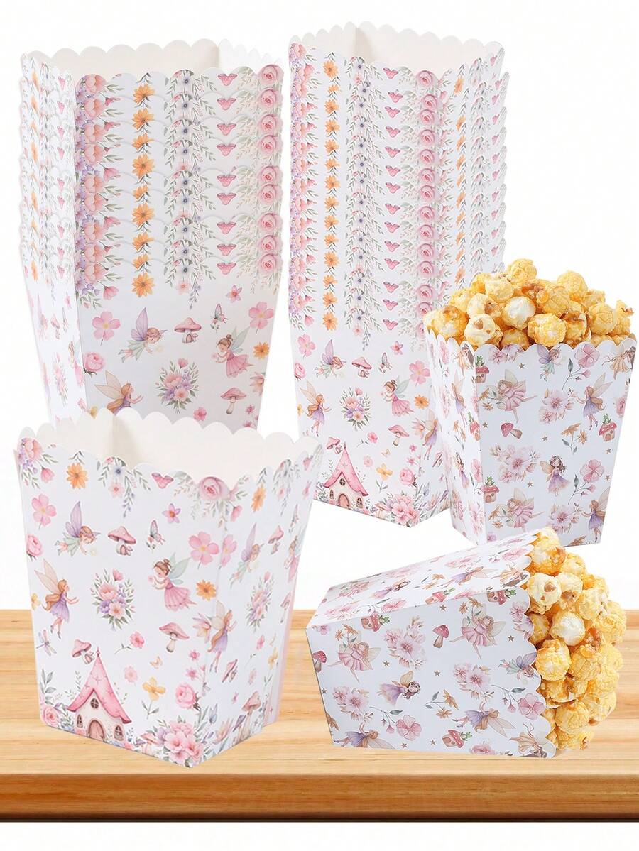 10pcs Flower Fairy Pattern Paper Popcorn Box, Popcorn Cups, Food Snack Box, Wedding Birthday Babe Shower Party Disposable Tableware, Suitable For Multiple Themes Holiday Party Picnic Camping, Home Kitchen Restaurant Table Supplies