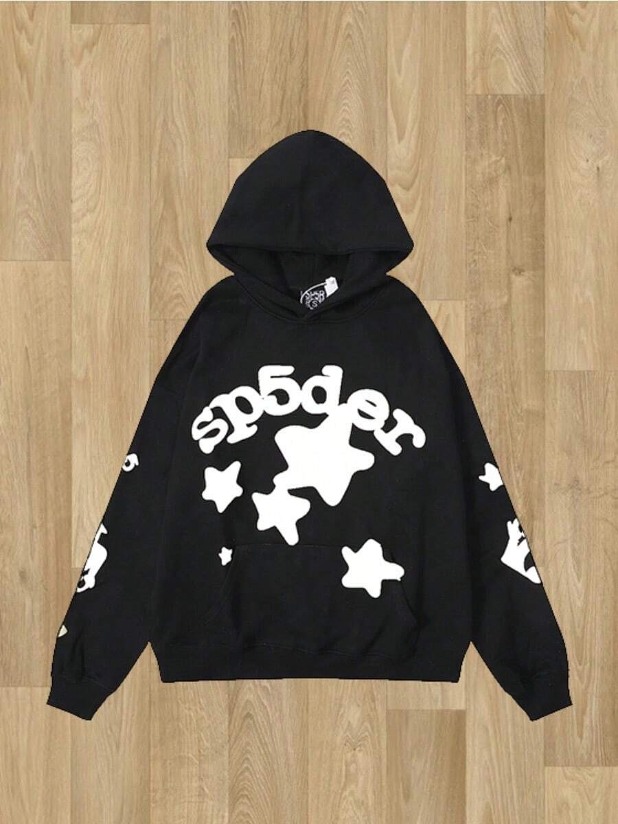 Y2K Black Essentials Hoodie Spider Web Fashion Printed Star Hoodie Hip Hop Aesthetic Graphic Hoodies Gothic Emo Junk Punk Hoodie - màu đen - Xem 1