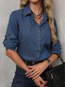 Women Fashion Casual Elegant Denim Button Down Long Sleeve Shirt With Shirt Collar - 藏蓝色 - 查看 6