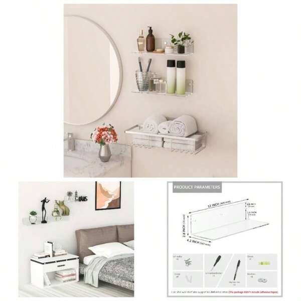 12 Inches Wall Shelves, Moisture - Proof, Acrylic Bathroom Wall Shelves, Floating Shelves Bathroom, Bedroom, Living Room, Retail, 2 Pack