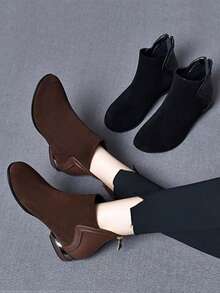 2025 秋冬新款女式绒面休闲踝靴，平底，圆头，保暖内衬，冬季鞋 - 棕色 - 查看 1