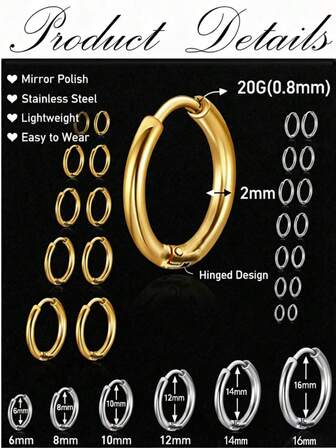 12 pares de pendientes de aro abrazadera de diseño con bisagra de acero inoxidable con acabado espejo y CZ AAA+ de 6 tamaños (6/8/10/12/14/16 mm) - Ideales para uso diario, fiestas y regalos festivos
