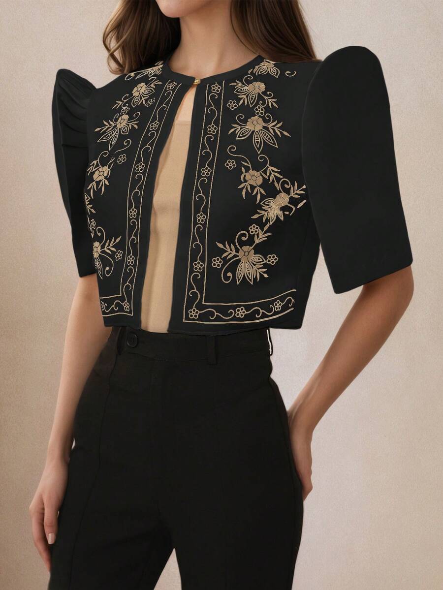 現代菲律賓風蝴蝶袖花卉圖案復古印花泡泡袖女上衣,春夏女款,現代優雅 - 黑色 - 查看 1