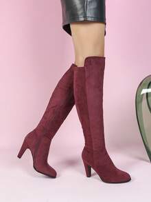 Women's Knee-High Boots, New 2025 Autumn/Winter Designs, Pleated Boots, Round Toe, Chunky Heel, Fashion Tall Boots With Side Zipper - Burgundy - View 6