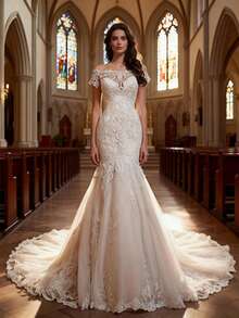 Vestido de novia de encaje de sirena glamoroso fuera del hombro, Aplicados de encaje, Tren largo, Vestido de novia, Vestidos de novia para la novia, Elegante y cómodo, Adecuado para la boda, Fiesta, Vacaciones, Novia, Ocasiones formales, Vestido de cena, Vestido de baile, Vestido después de la fiesta, Vestido de regreso a casa, Fiesta de cóctel, Fiesta de cumpleaños, Ceremonia - Blanco - Ver 2