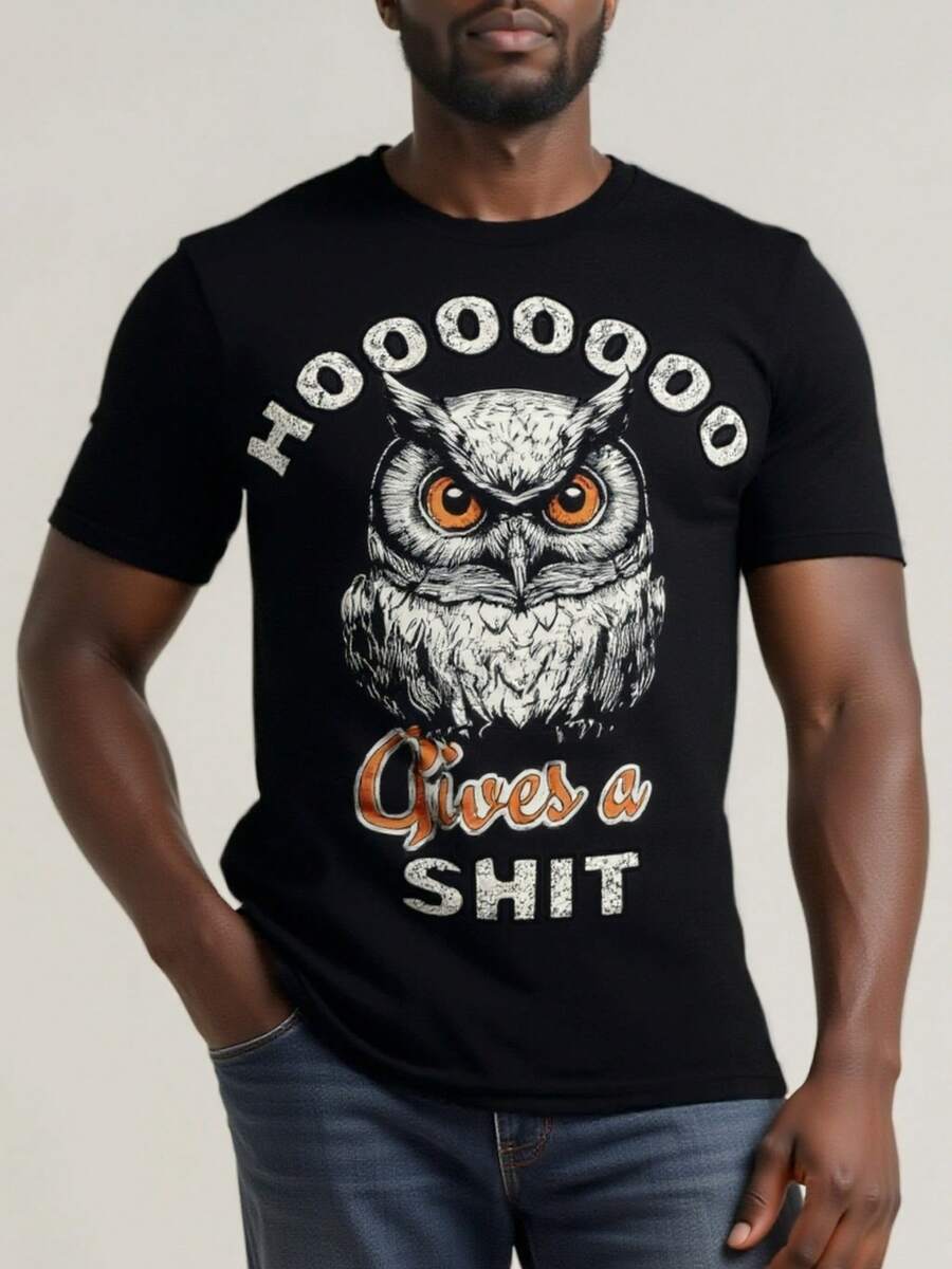 Camiseta vintage de búho que se importa un carajo, humor adulto, amante de las aves, camiseta de cuello redondo de algodón negra para mujeres y hombres, camiseta de manga corta, camisetas para hombres y mujeres - Negro - Ver 1