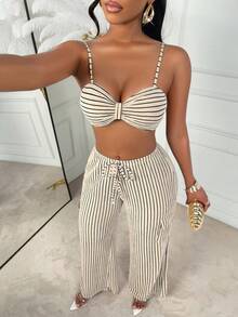 AIJ Amarilo Women's Sexy & Elegant Beige Striped Two Pieces Set – Bralette Cami Top & Drawstring Cargo Wide Leg Pants – Ideal For Spring Break Outfit, Summer Casual Wear, Daily Wear, Beach Vacation & Party Looks - Light Apricot - View 5
