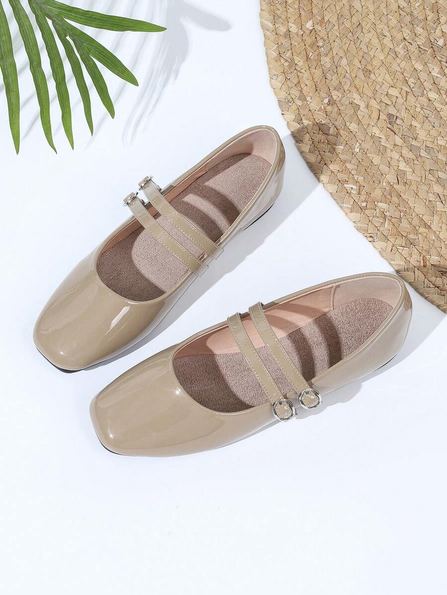 女式复古玛丽珍平底鞋，双带设计，适合所有季节 - 卡其色 - 查看 1