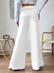 大码女式纯色针织面料口袋阔腿裤，秋冬款 - 白色 - 查看 4