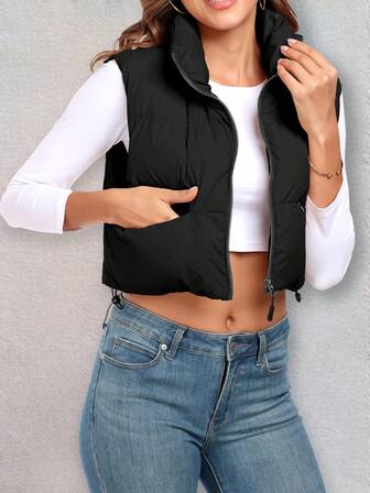 女式无袖拉链夹棉大衣（纯色，黑色）