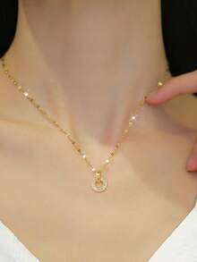 1 Set Stainless Steel Full Diamond Circle Necklace & Earrings Set, Luxury Micro-Inlaid Personalized Banquet Jewelry Set - Gold - View 2