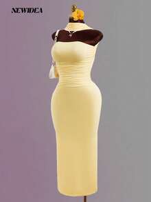 Đầm nữ màu vàng, dây mảnh, hở lưng, dài ngang gối, kiểu dáng gợi cảm và thanh lịch, thích hợp cho các bữa tiệc mùa xuân/hè, đám cưới, lễ hội âm nhạc và các dịp trang trọng. - Màu Mù tạt vàng - Xem 9