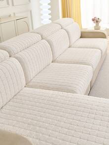 1pc Solid Color Teddy Fleece Sofa Cover, Elastic Wrap-Around, Warm & Comfortable, Simple Ins Style, Pet-Friendly, Non-Slip, Machine Washable, Suitable For L-Shaped Sofa 1/2/3/4 Seats In Living Room, Bedroom, Study