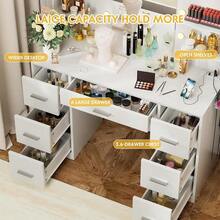 Large Vanity Desk With LED Lighted Mirror & Power Outlet,Makeup Vanity Table With 7 Drawers,4 Shelves And 5 Hooks,Vanity Table, Vanity Desk Set For Bedroom,Bathroom,White - Xem 3