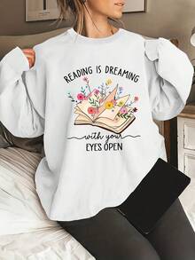 Women's  Round Neck Sweatshirt - "Reading Is Dreaming With Your Eyes Closed" Floral Book Design, Soft Casual Pullover For Spring/Fall, Machine Washable, Book Sweater - trắng - Xem 4