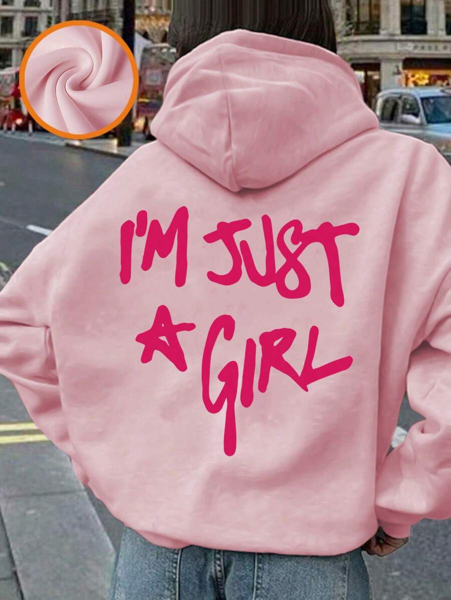 Sudadera con forro térmico con estampado del lema "SOY SOLO UNA CHICA" para niña preadolescente, parte superior cálida y cómoda para otoño/invierno - Rosa - Ver 1