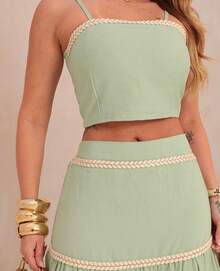 Women's Set, Cropped Top And Long Skirt Set, Elegant Set, Sophisticated Set, Casual Set, Modern Set, Summer Set, Comfortable Set, Stylish Set, Women's Fashion Set, Casual Party Set, Fashion Set, Set, Boho Set, Flared Women's Set - Green - View 3
